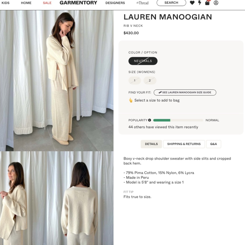 LAUREN MANOOGIAN Rib V Neck Pullover Boxy High Low Cropped Back Hem Iconic 2 M - Picture 16 of 16